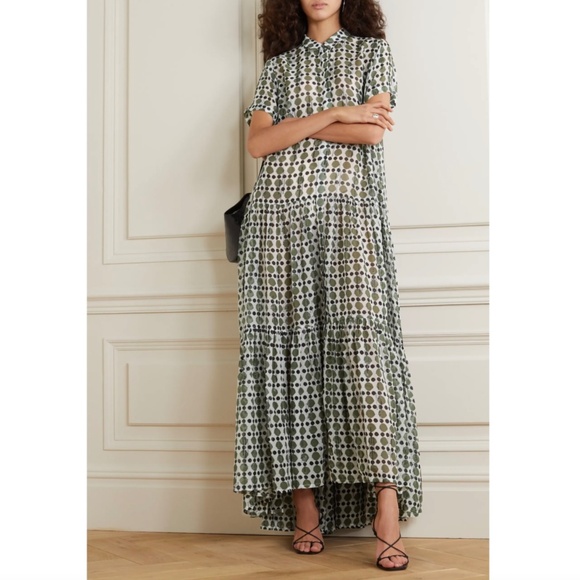 Munthe Evelyn Khaki Polka Dot Print Silk-Chiffon Shirt Maxi Dress Size 34 - Picture 9 of 13